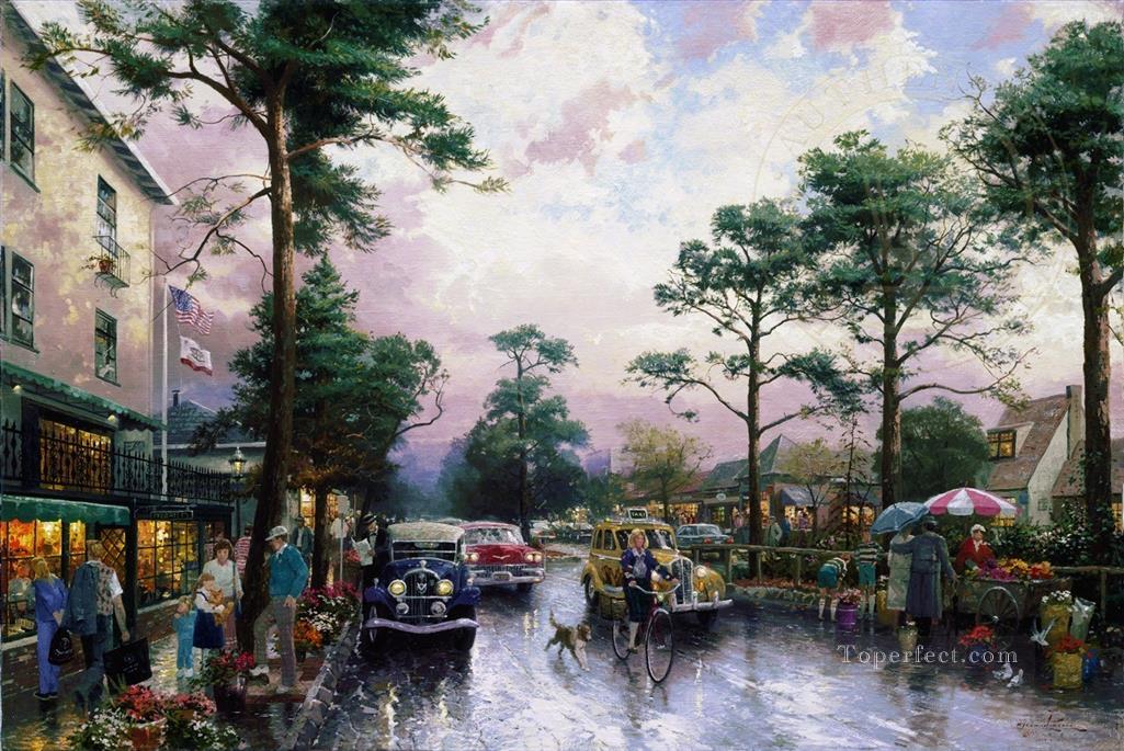 Carmel Ocean Avenue on a Rainy Afternoon cityscape Oil Paintings